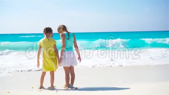 可爱的小女孩在海滩上玩得很开心两个漂亮的孩子在浅水中嬉戏视频的预览图