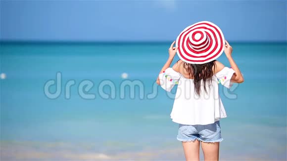 在热带海滨玩得很开心的年轻美女在海滨戴帽子的女孩的后景流动人口视频的预览图