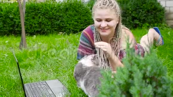 女孩在大自然上和猫玩高清高清视频的预览图