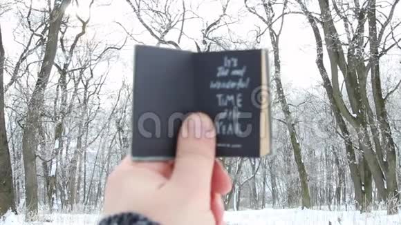 这一年中最美妙的时刻手拿着一本背景文字的书冬季公园视频的预览图