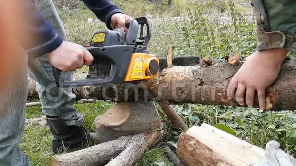 人用电锯锯木树干视频的预览图