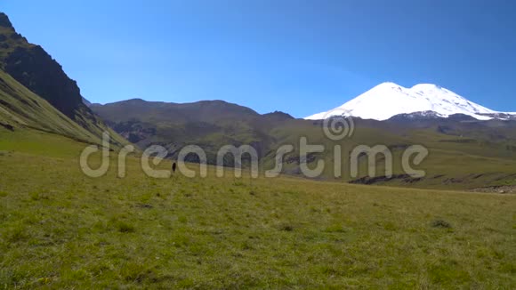 孤独的人将在高加索山脉的山坡上登上埃尔布鲁斯行人徒步旅行视频的预览图