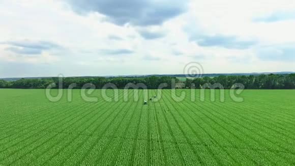 夏日阳光明媚蓝天白云空中视频农业拖拉机在玉米地上工作解析移除视频的预览图