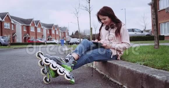 可爱的年轻女孩带着耳机和溜冰鞋坐在乡村街上女孩用平板电脑快乐视频的预览图