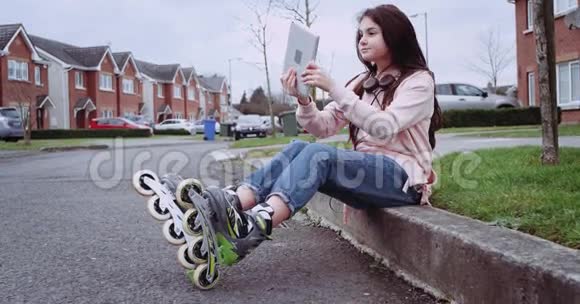 坐在乡村街上穿着溜冰鞋和耳机的漂亮女孩女孩使用平板电脑自拍视频视频的预览图
