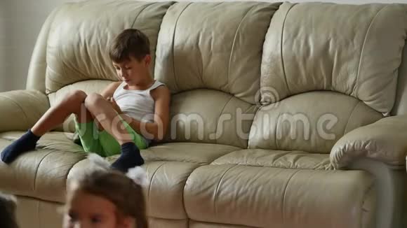 孩子们抱着小猫有猫坐在沙发上的男孩女孩视频的预览图