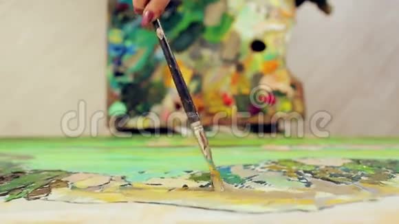 一个女人用调色板和画笔用油画颜料描绘风景顶部视图视频的预览图