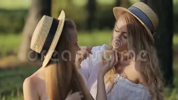 一位快乐的母亲和幸运的女儿在一个城市公园野餐时坐在一起玩苹果视频的预览图