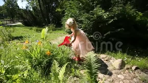 小女孩在花园里用水缸浇花视频的预览图