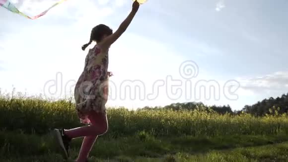 可爱的女孩在夕阳下玩风筝视频的预览图