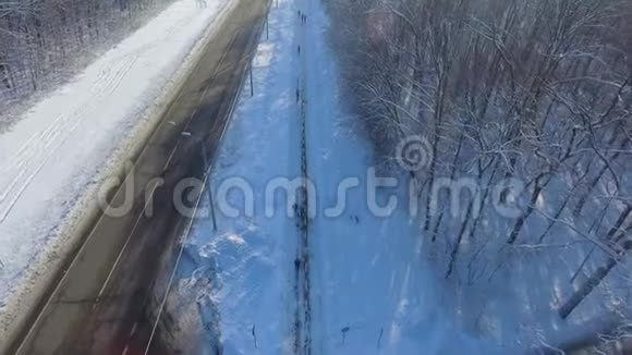 冬季人们在城市道路和森林之间的道路上慢跑视频的预览图