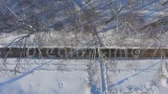 冬季雪地公园马拉松运动员的鸟瞰图视频的预览图