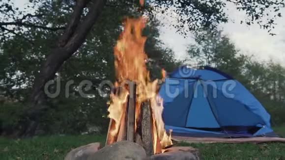 河边森林里的篝火和旅游帐篷视频的预览图