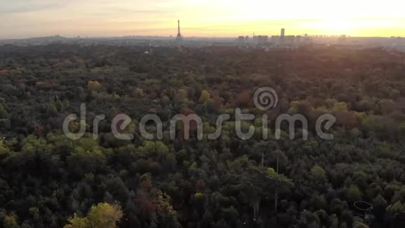 在清晨升起的太阳下用埃菲尔铁塔从布洛涅森林俯瞰巴黎天际线视频的预览图