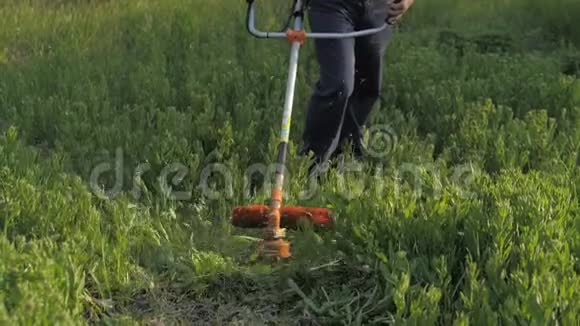 割草机日落时分工人在绿院割草视频的预览图