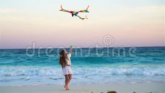 在热带海滩放风筝的小女孩孩子在海边玩带沙滩玩具的儿童慢动作视频的预览图