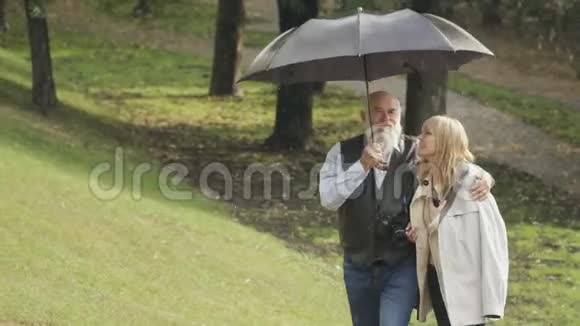 雨中快乐的年轻女子和老人在公园的伞下散步视频的预览图