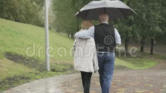 恋爱中的人们在公园的伞下行走视频的预览图