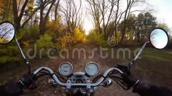 4K令人惊叹的摩托车骑向日落在金色的森林道路在秋天广泛的角度骑手视频的预览图