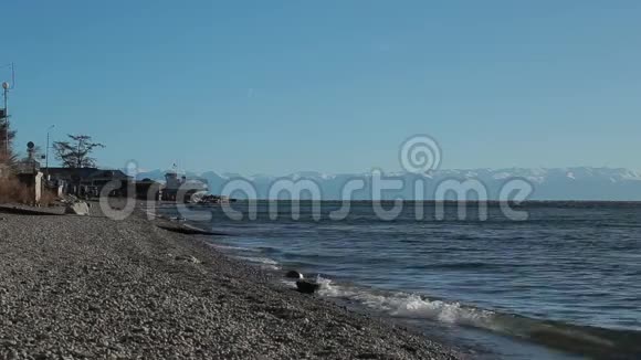 观赏贝加尔湖纯净的水海浪另一边有山视频的预览图