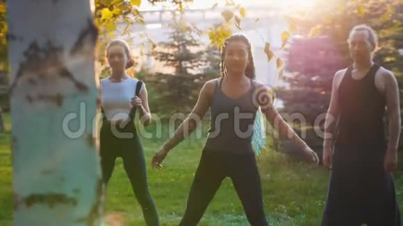 两位年轻女性在阳光下和教练一起在公园里做瑜伽练习一位女士有着长长的蓝色恐惧症视频的预览图