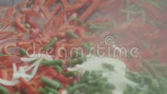 混合五颜六色的蔬菜和煮肉在大锅里搅拌和炖视频的预览图