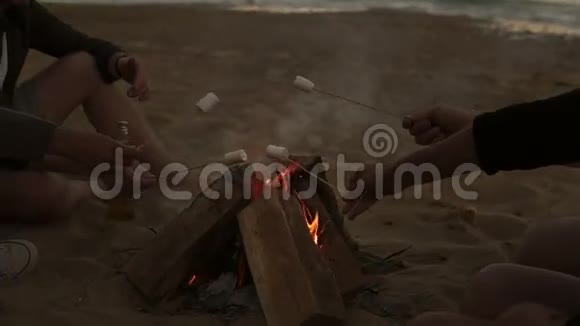 一群年轻的朋友坐在海边的炉火旁烤沼泽地慢镜头视频的预览图
