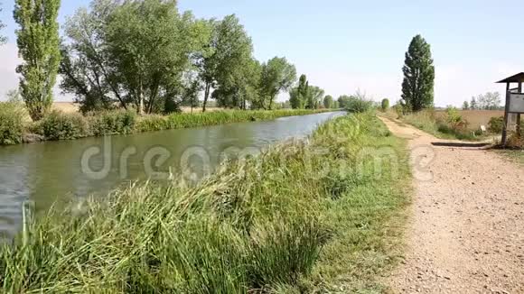 西班牙Palencia省Fromista北运河卡斯蒂利亚运河沿线的土路视频的预览图
