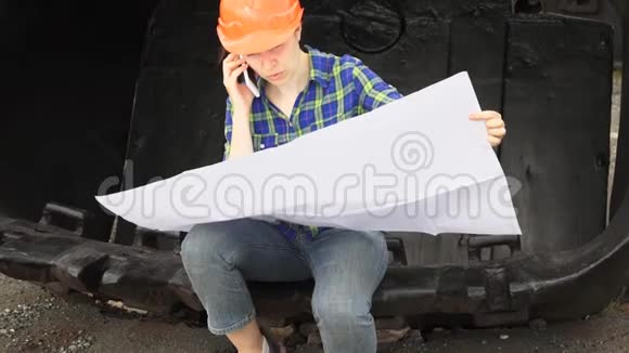 女工程师检查一个坐在挖掘机大桶里的计划视频的预览图