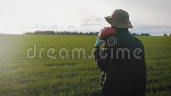年轻的女农民戴着帽子手里拿着橙色的南瓜在日落的时候在田野里南瓜收获农业视频的预览图