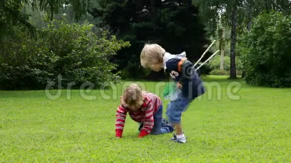 两个男孩在草地上用网捉昆虫视频的预览图