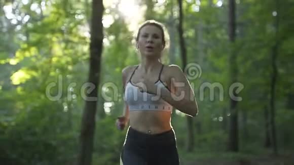 早上在树林里奔跑的女运动员视频的预览图