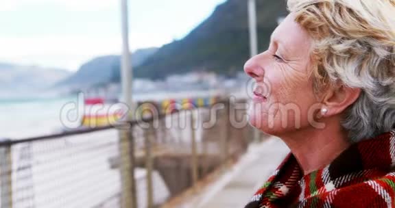 在海滩欣赏风景的高级妇女视频的预览图