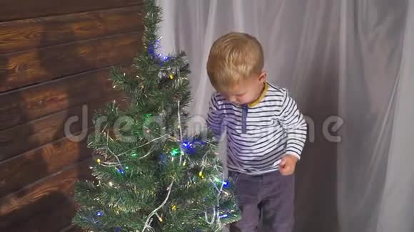 两岁的男孩在圣诞树上玩圣诞玩具关门圣诞树附近一个孩子的肖像视频的预览图