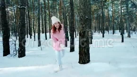 冬天的童话幸福生活方式年轻的女人一个穿着红色毛织毛衣的漂亮女人视频的预览图