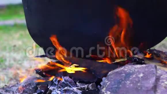 室外厨房木桩上做饭火上金属锅特写视频的预览图