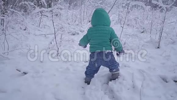 小男孩在在雪地上玩耍小男孩走在冬林里慢动作视频的预览图