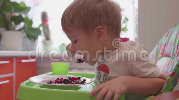 孩子坐在桌子旁吃了一勺新鲜的浆果有益健康的食物视频的预览图