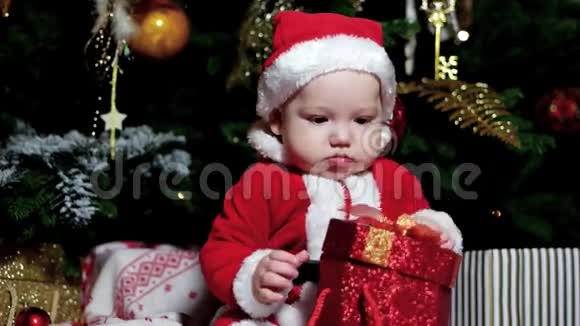 穿着圣诞老人服装玩圣诞礼物的小宝宝坐在圣诞树旁的可爱男孩孩子视频的预览图