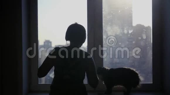 一个年轻的女孩在耳机上听音乐跳舞一只猫坐在窗台上看着女主人慢动作视频的预览图