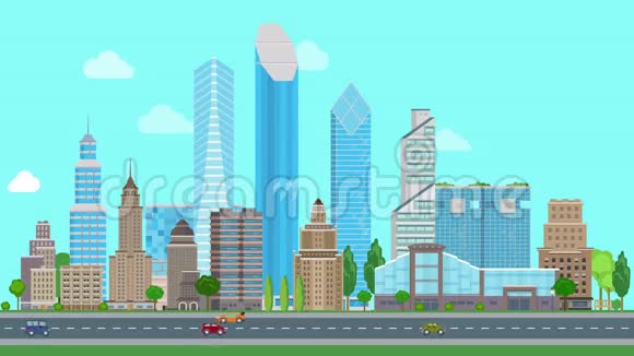 平面卡通城市日循环动画商业中心与公路大道动画交通街视频的预览图