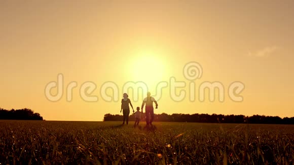 快乐的年轻家庭带着婴儿在夏天的田野上奔跑慢动作视频的预览图