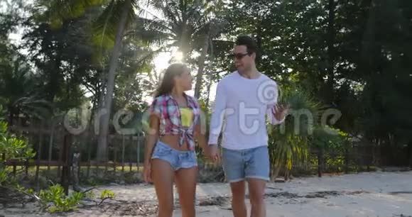 在热带棕榈树公园的交流中情侣行走握手说话的男人和女人视频的预览图