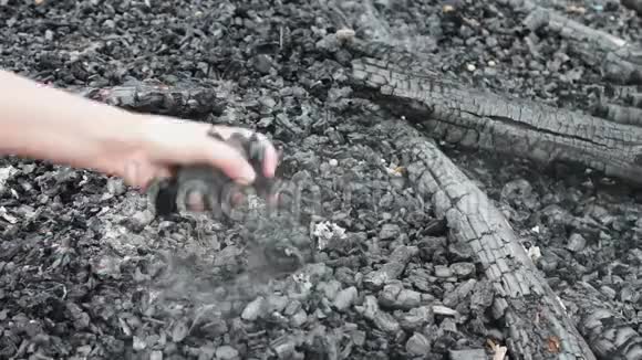 一个女孩的手拿着带风的火中烧焦的灰烬视频的预览图