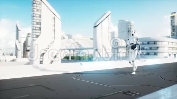 女性机器人行走未来派城市城镇人和机器人逼真的4K动画视频的预览图