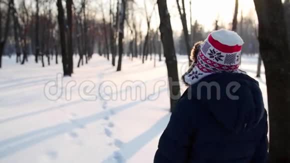 女孩穿过冬天公园的摄像机跟着她视频的预览图