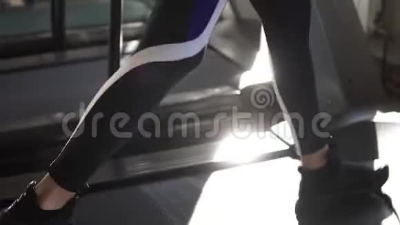 女性腿在跑步机上特写穿运动鞋的女孩在跑步机上健身房的有氧运动视频的预览图