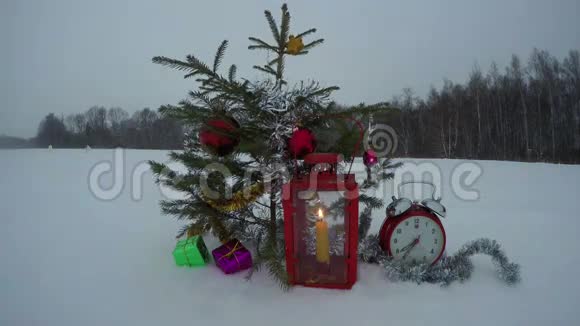 圣诞节和新年树冷杉在雪地上装饰时间流逝4K视频的预览图