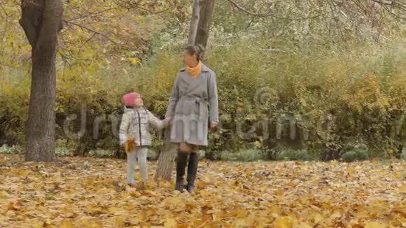母亲和女儿走在五彩缤纷的秋林中视频的预览图