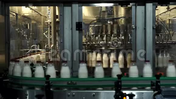塑料瓶生产牛奶的自动化生产线传送带上的奶瓶视频的预览图
